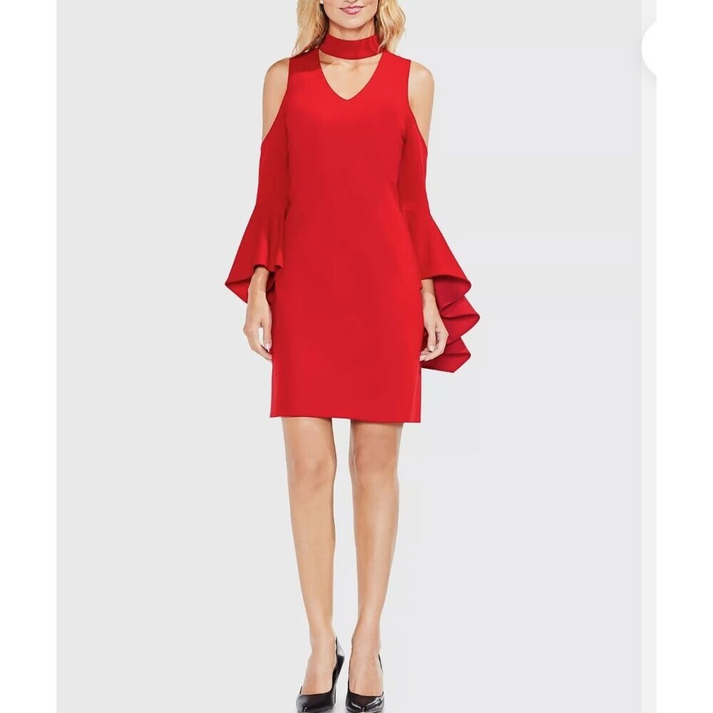 Vince Camuto Red Choker Bell Sleeve  Cold Shoulder Dress Size S EUC